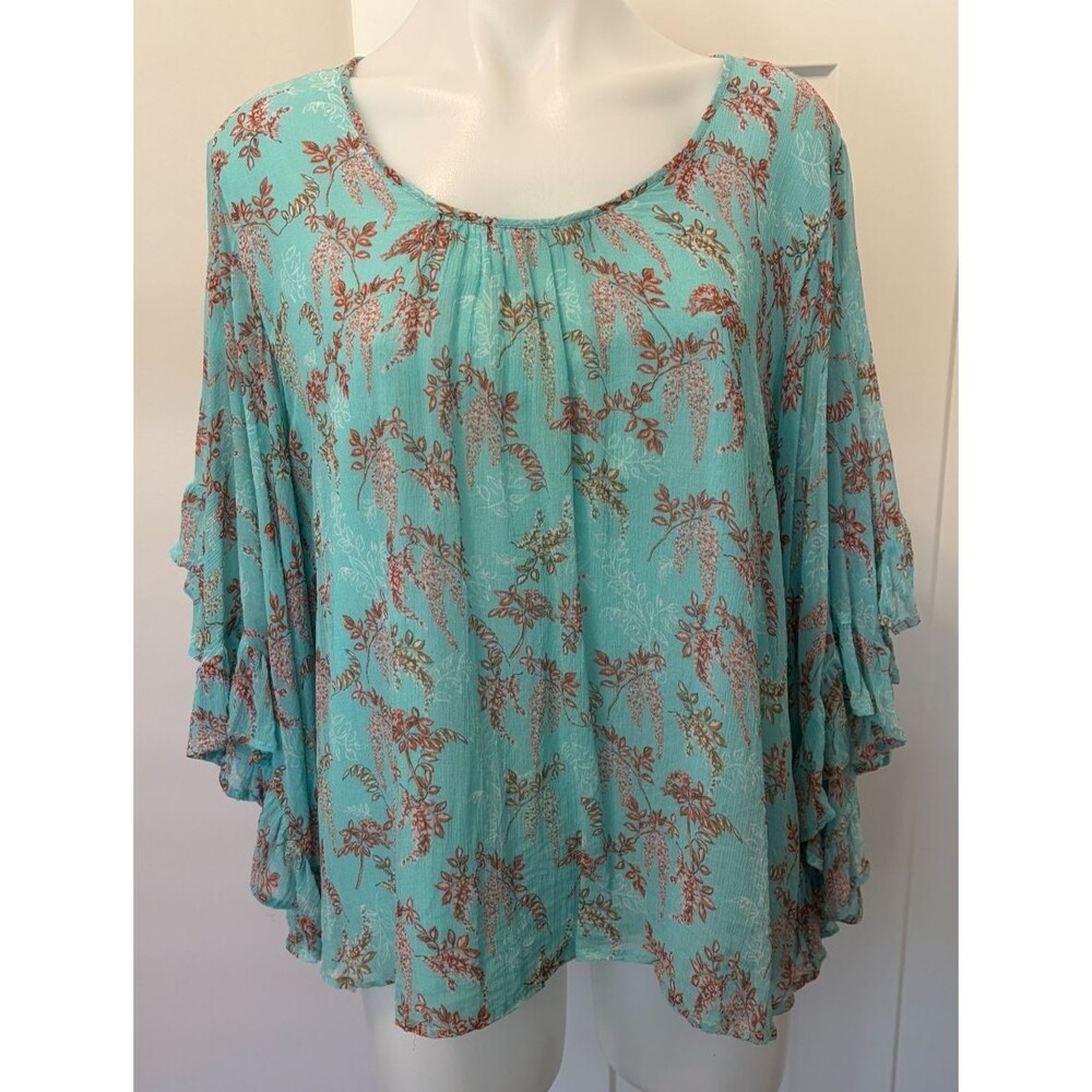 SUNDANCE Womens TOP 3/4 Ruffle Sleeve BLUE Orange FLORAL Size M